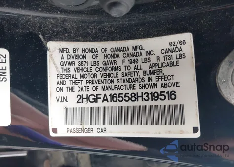 2008 Honda Civic Lx z USA, uszkodzony, nr VIN 2HGFA16558H319516